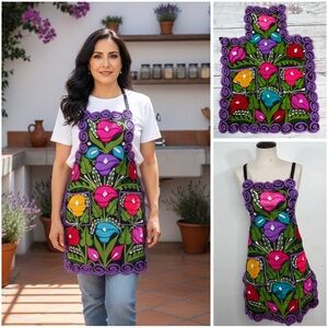 Mexican Embroidered Colorful Zinacantan Floral Artisan Apron with Purple Trim